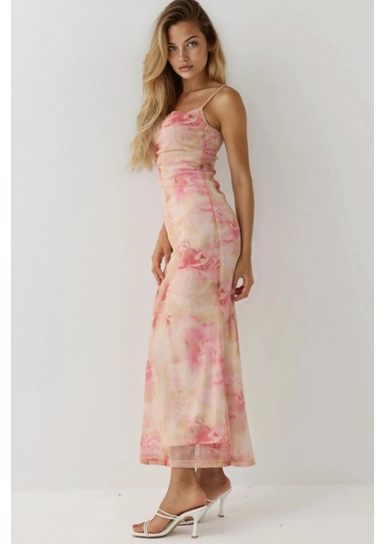 Kadın Degaje Yaka Desenli Maxi Tül Elbise Pink