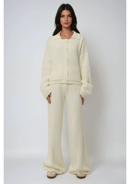 Kadın Dokulu Wide Leg Triko Pantolon Fildişi Doğal