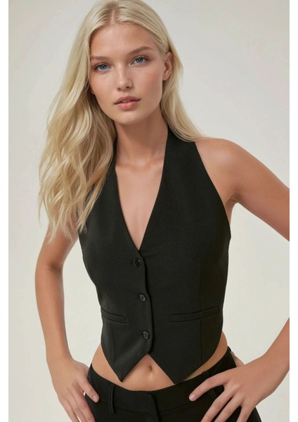 Kadın V Yaka Kolsuz Yelek Black