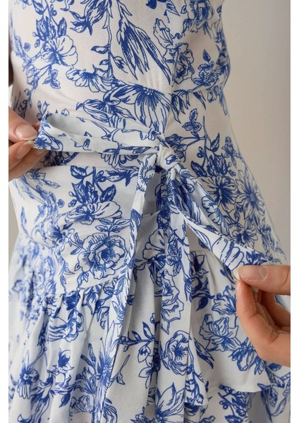 Kadın Çiçek Desenli Fırfırlı Askılı Mini Elbise Mavi