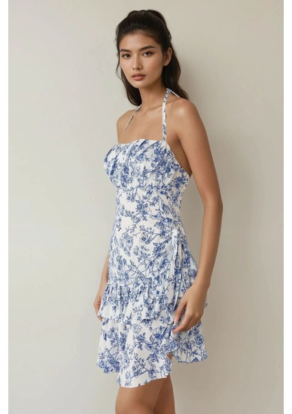 Kadın Çiçek Desenli Fırfırlı Askılı Mini Elbise Mavi