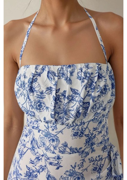 Kadın Çiçek Desenli Fırfırlı Askılı Mini Elbise Mavi