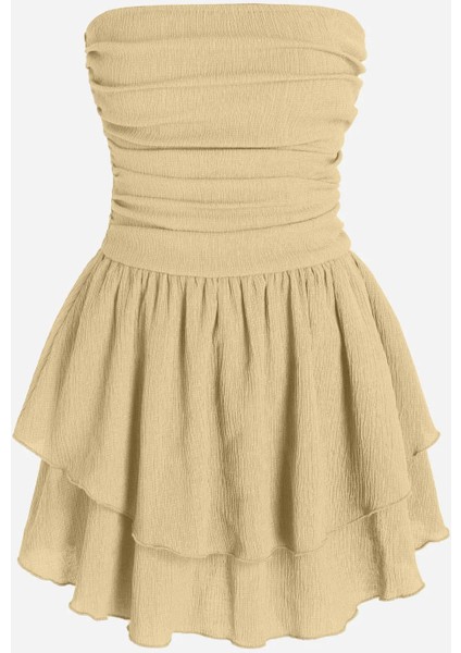 Kadın Straplez Fırfırlı Arkası Gipeli Mini Elbise Limon Sarısı