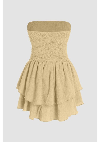 Kadın Straplez Fırfırlı Arkası Gipeli Mini Elbise Limon Sarısı