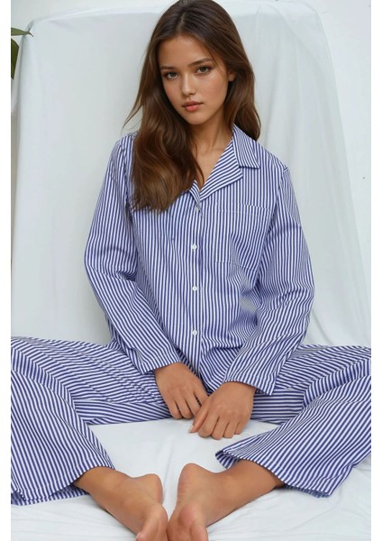 Kadın Çizgili Pamuklu Pijama Takımı Bebek Mavisi
