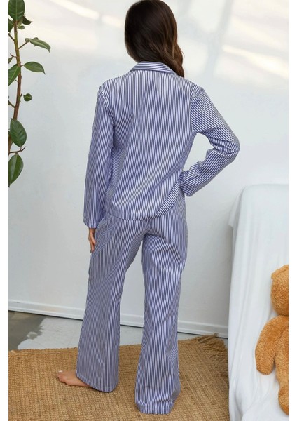 Kadın Çizgili Pamuklu Pijama Takımı Bebek Mavisi