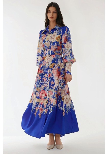 Kadın Baskılı Uzun Kol Kemerli Modest Elbise Fas Mavisi