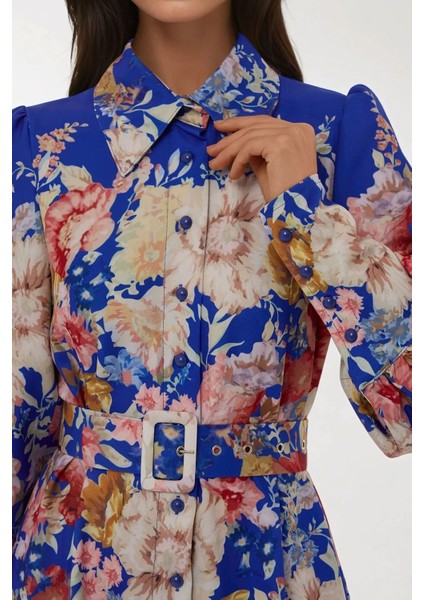 Kadın Baskılı Uzun Kol Kemerli Modest Elbise Fas Mavisi