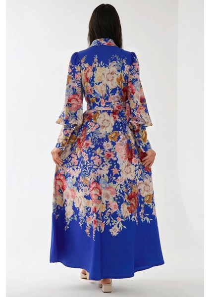 Kadın Baskılı Uzun Kol Kemerli Modest Elbise Fas Mavisi