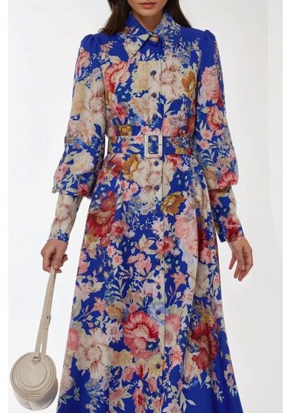 Kadın Baskılı Uzun Kol Kemerli Modest Elbise Fas Mavisi