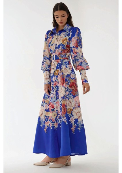 Kadın Baskılı Uzun Kol Kemerli Modest Elbise Fas Mavisi