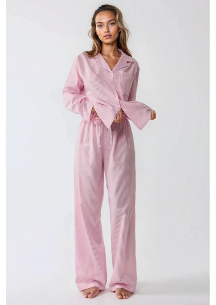 Kadın Çizgili Pamuklu Pijama Takımı Pembe