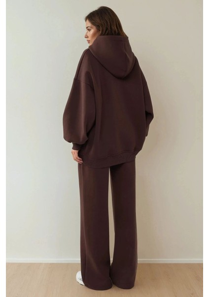 Kadın Oversize Bisiklet Yaka Kapüşonlu Sweatshirt Kahverengi