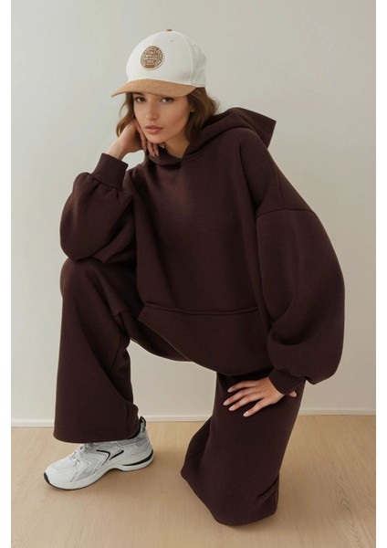 Kadın Oversize Bisiklet Yaka Kapüşonlu Sweatshirt Kahverengi