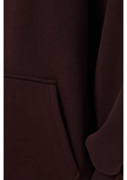 Kadın Oversize Bisiklet Yaka Kapüşonlu Sweatshirt Kahverengi