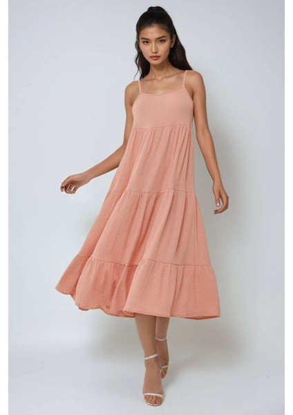 Kadın Dokulu Bürümcük Midi Elbise Pink