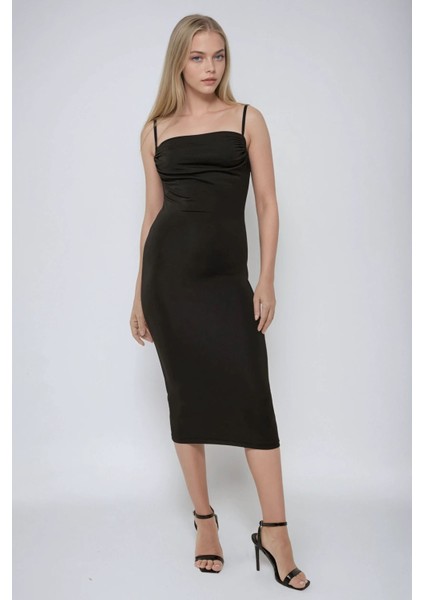 Kadın Degaje Yaka Bodycon Midi Elbise Black