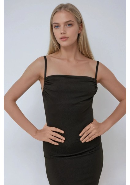 Kadın Degaje Yaka Bodycon Midi Elbise Black