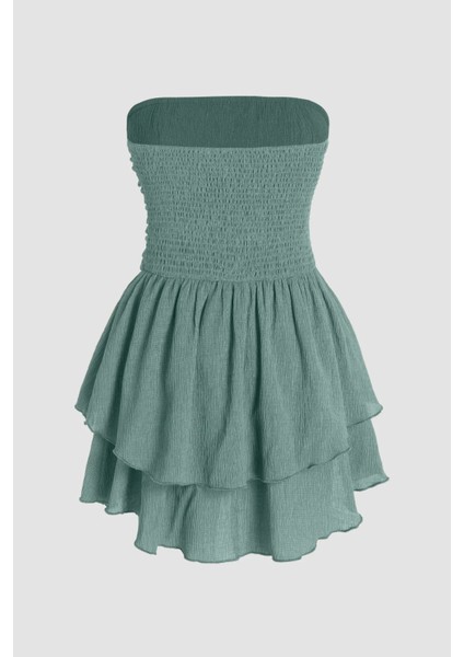 Kadın Straplez Fırfırlı Arkası Gipeli Mini Elbise Green