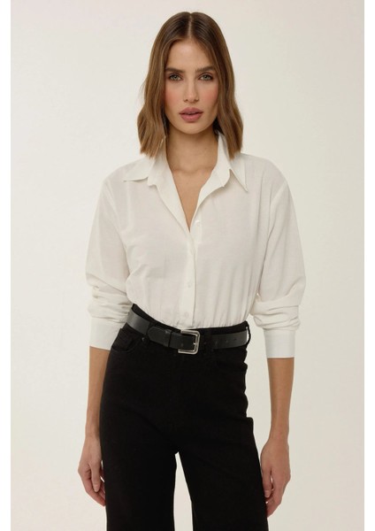 Kadın Düğmeli Uzun Kollu Gömlek Yaka Bodysuit Natural