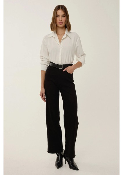 Kadın Düğmeli Uzun Kollu Gömlek Yaka Bodysuit Natural