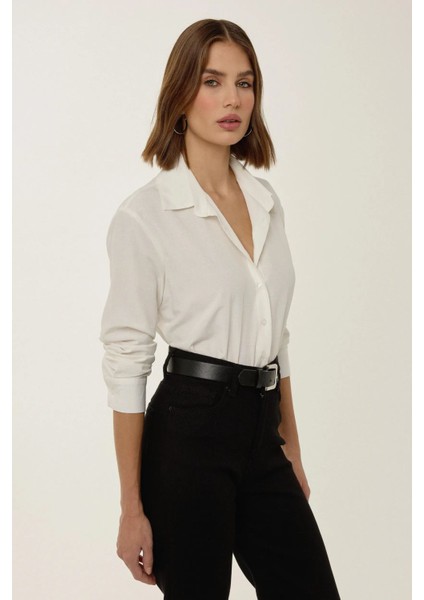 Kadın Düğmeli Uzun Kollu Gömlek Yaka Bodysuit Natural