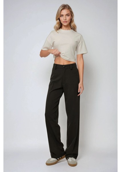 Kadın Yüksek Bel Straight Kumaş Pantolon Siyah