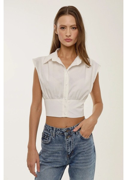 Kadın Crop Gömlek Natural
