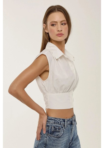 Kadın Crop Gömlek Natural