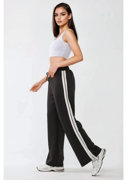 Kadın Wide Leg Çizgili Örme Eşofman Altı Black