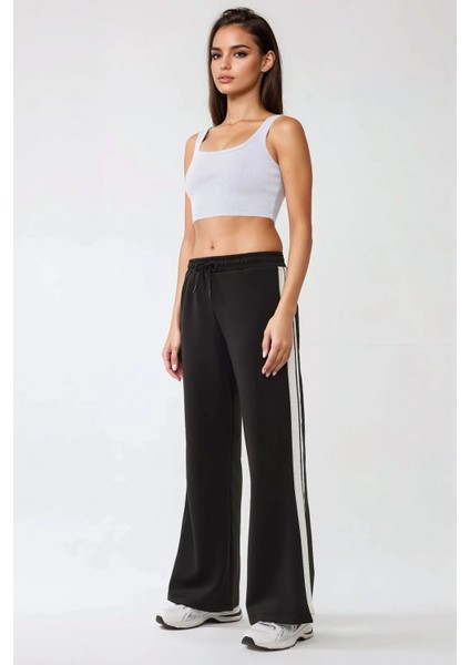 Kadın Wide Leg Çizgili Örme Eşofman Altı Black