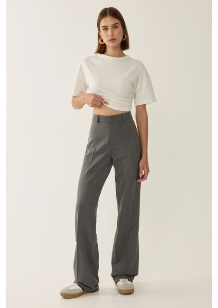 Kadın Yüksek Bel Straight Kumaş Pantolon Grey