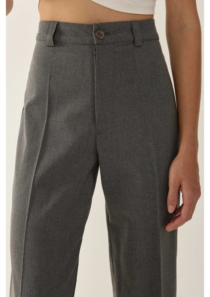 Kadın Yüksek Bel Straight Kumaş Pantolon Grey