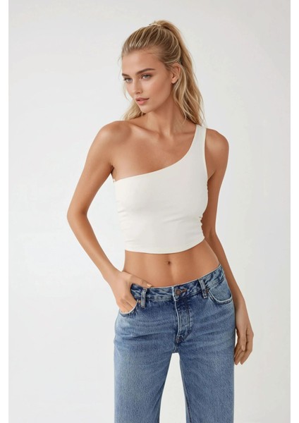 Kadın Asimetrik Yaka Soft Crop Top White