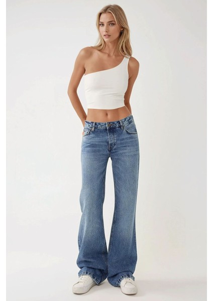 Kadın Asimetrik Yaka Soft Crop Top White