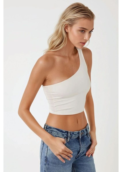 Kadın Asimetrik Yaka Soft Crop Top White