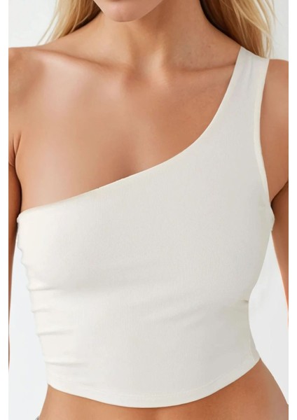Kadın Asimetrik Yaka Soft Crop Top White