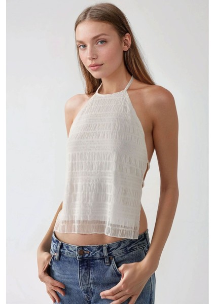 Kadın Halter Yaka Dokulu Fitted Üst White