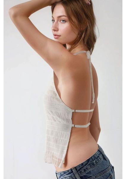 Kadın Halter Yaka Dokulu Fitted Üst White