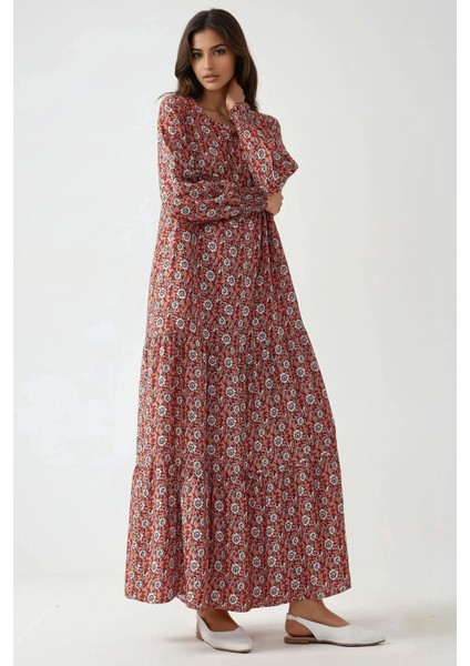 Kadın Desenli Yuvarlak Yaka Viskon Modest Elbise Red