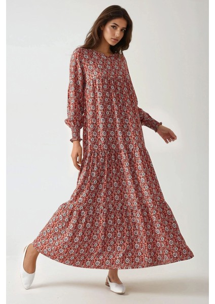 Kadın Desenli Yuvarlak Yaka Viskon Modest Elbise Red