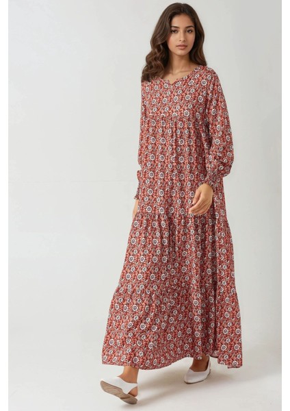 Kadın Desenli Yuvarlak Yaka Viskon Modest Elbise Red