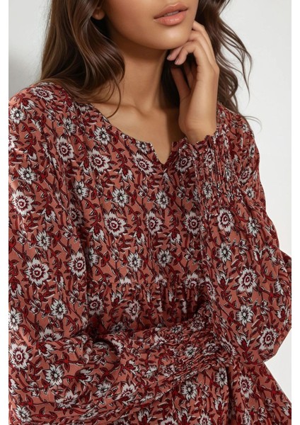 Kadın Desenli Yuvarlak Yaka Viskon Modest Elbise Red