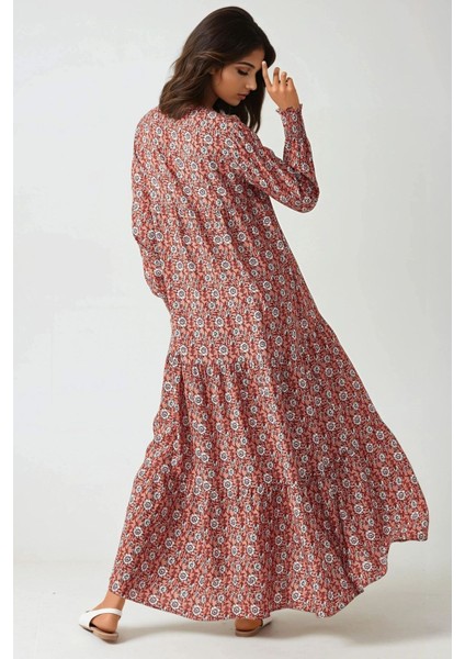 Kadın Desenli Yuvarlak Yaka Viskon Modest Elbise Red