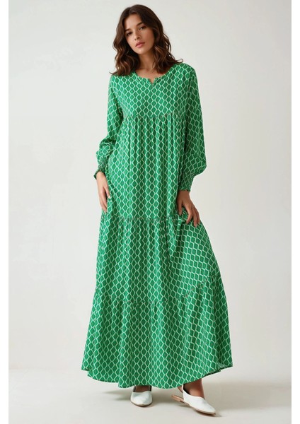 Kadın Desenli Yuvarlak Yaka Viskon Modest Elbise Green