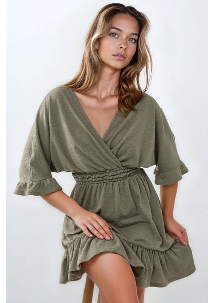 Kadın Dokulu V Yaka Gipeli Örme Mini Elbise Adaçayı Yeşili