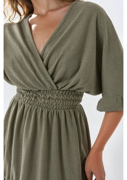 Kadın Dokulu V Yaka Gipeli Örme Mini Elbise Adaçayı Yeşili