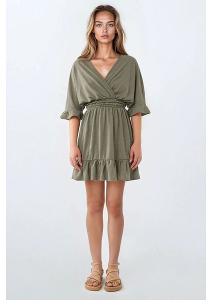 Kadın Dokulu V Yaka Gipeli Örme Mini Elbise Adaçayı Yeşili