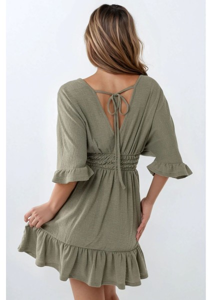 Kadın Dokulu V Yaka Gipeli Örme Mini Elbise Adaçayı Yeşili