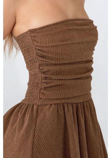 Kadın Straplez Fırfırlı Arkası Gipeli Mini Elbise Brown